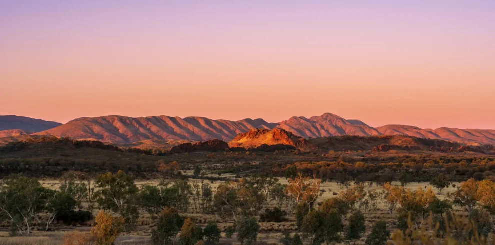 Arid landscape at sunset with a range of mountains in the background, glowing orange and pink. The foreground features sparse trees and dry grass under a clear sky that fades from purple to blue.
