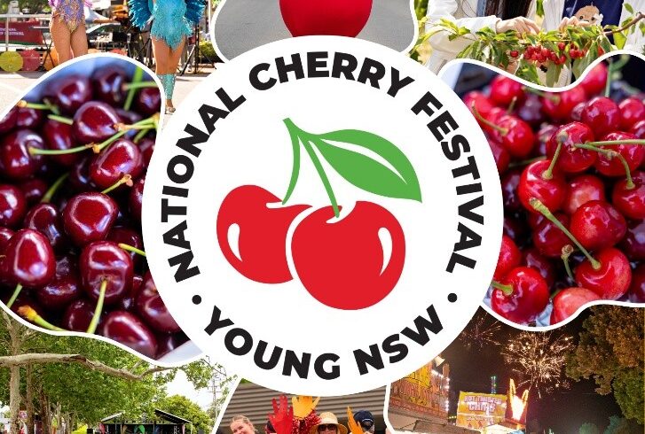 Collage of vibrant scenes from the National Cherry Festival in Young, NSW: crowds, performers, food, fireworks, fresh cherries, and people celebrating, with a central festival logo featuring red cherries.