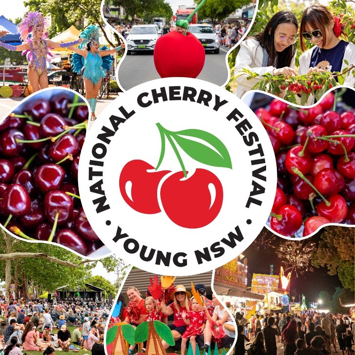Collage of vibrant scenes from the National Cherry Festival in Young, NSW: crowds, performers, food, fireworks, fresh cherries, and people celebrating, with a central festival logo featuring red cherries.